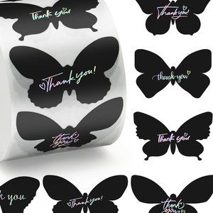 100 THANK YOU Stickers Black Holographic Butterfly 6 Designs Rainbow Foil 1.5"